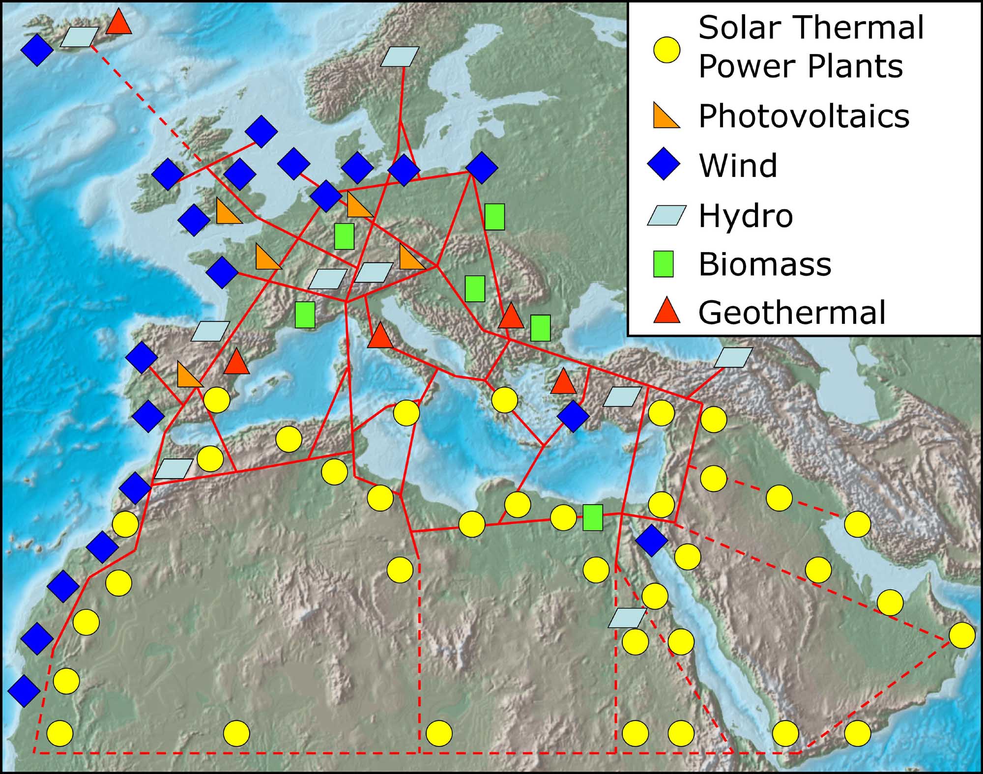 One conceptual plan of a super grid linking renewable sources across North Africa, the Middle East and Europe. (DESERTEC)