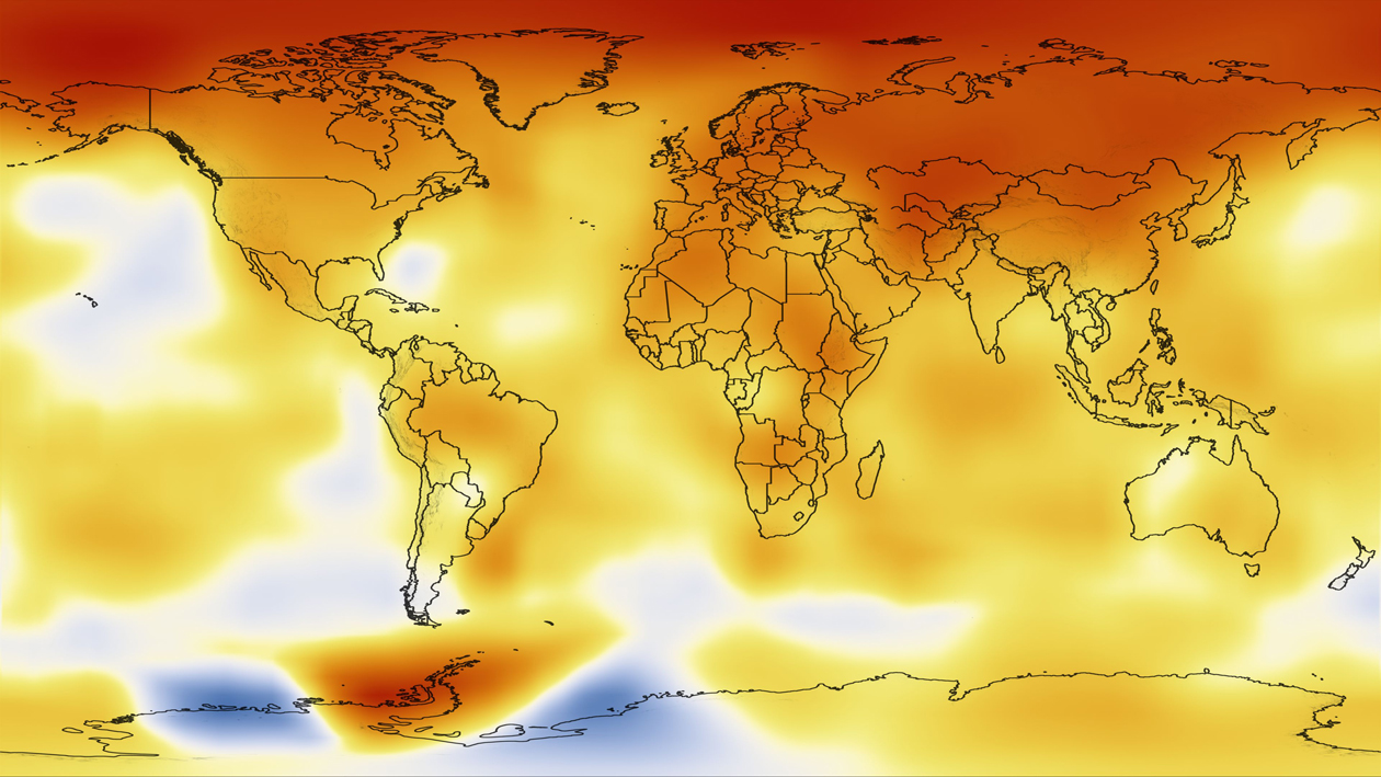 A heatmap data visualisation of temperature anomalies in 2010 shown on a world map. By NASA/Goddard Space Flight Center Scientific Visualization Studio Data provided by Robert B. Schmunk (NASA/GSFC GISS)