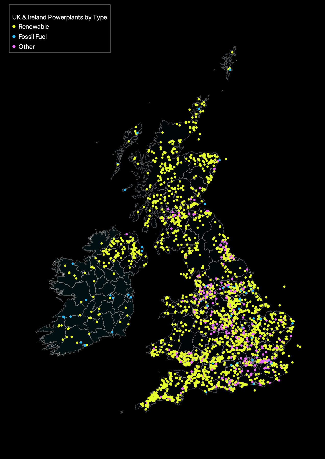 A map of the british isles showing the locations of every power source.