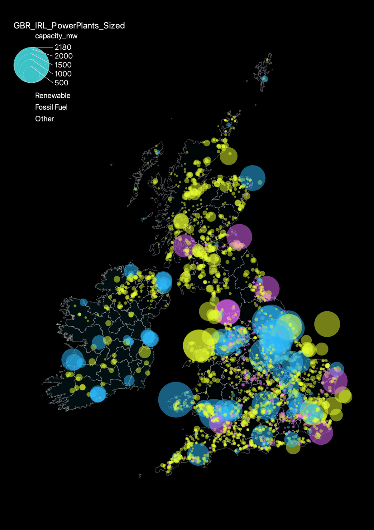 A map of the british isles showing every power source, scaled by megawatt capacity.