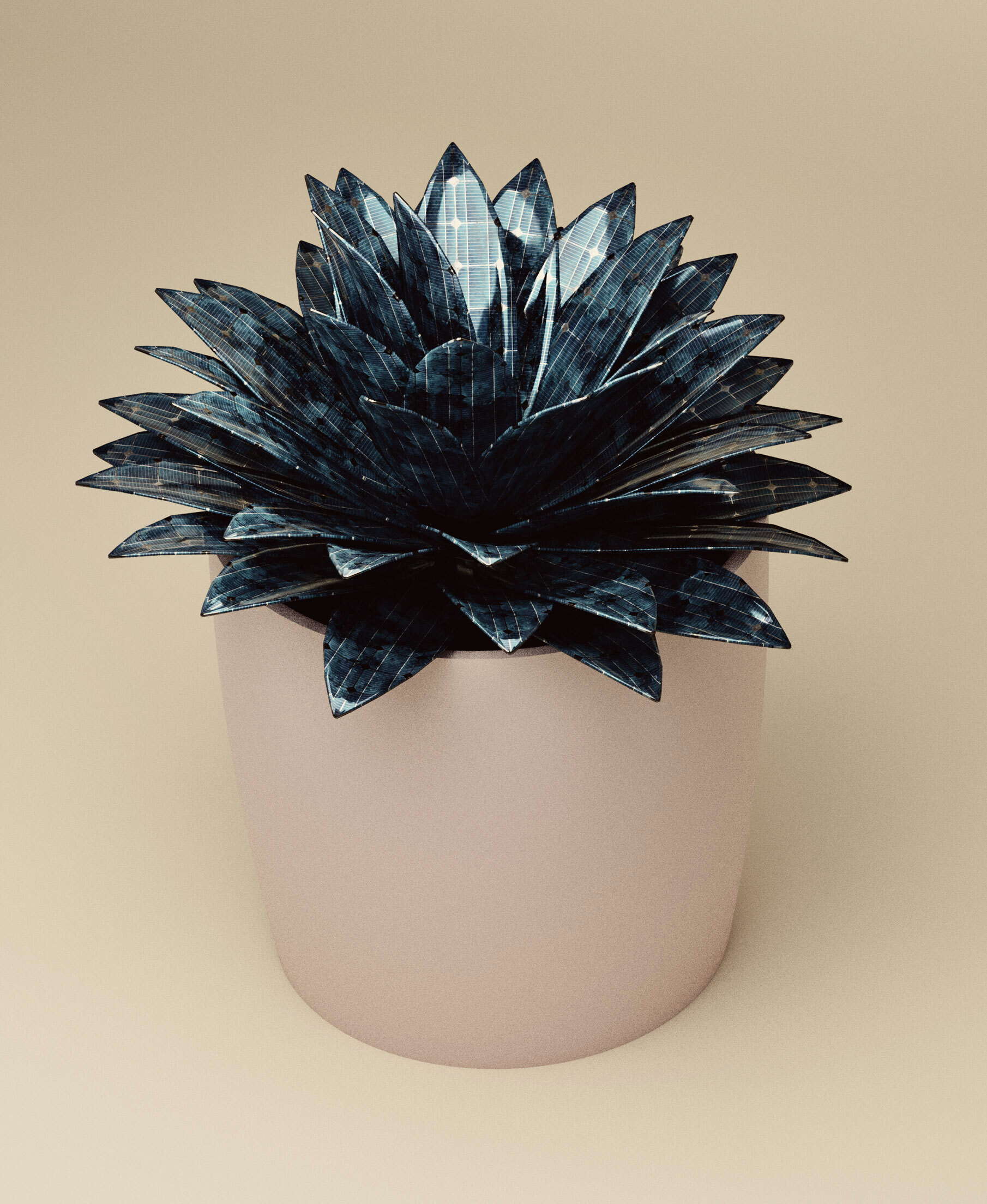 A rendering of an aloe-vera-like object made out of photocoltaics in a clay pot.